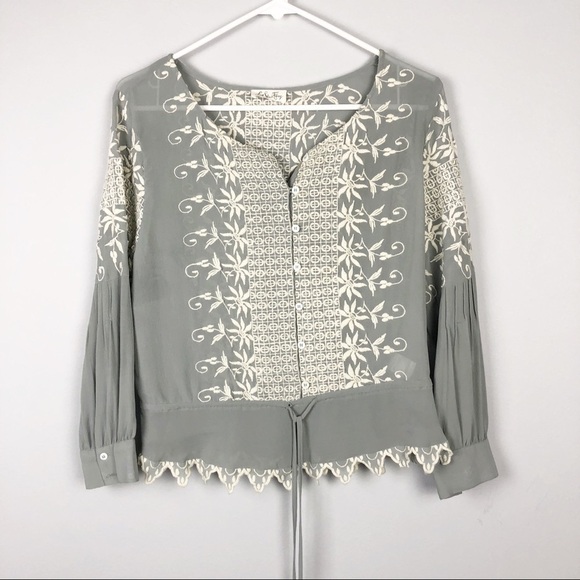 LoveShackFancy Embroidered Silk Georgette Long Sleeve Prairie Top Green Casual - Picture 2 of 11